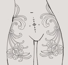 Ornamental Back Tattoo Women Design, Hip Ornament Tattoo, Ornamental Hip Tattoos Women, Symmetrical Stomach Tattoo Women, Ornamental Tattoo Thigh, Symmetrical Hip Tattoos Women, Ornamental Thigh Tattoo, Ornamental Hip Tattoo, Ornamental Stomach Tattoo