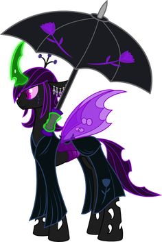 a cartoon pony holding an umbrella with purple flowers on it's head and wings