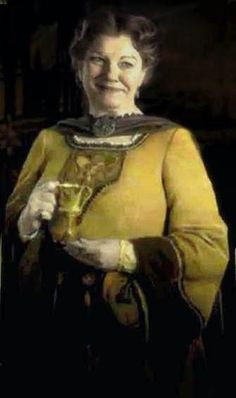 an older woman wearing a yellow dress and holding a wine glass in her right hand