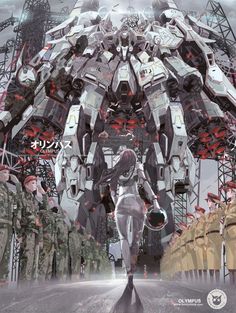 an image of a giant robot standing in front of soldiers