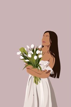 a woman in a white dress holding a bouquet of flowers