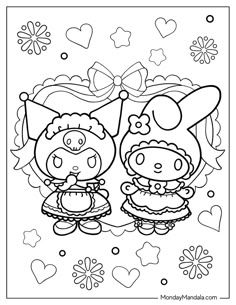 two cartoon characters with hearts and snowflakes in the background, one is black and white