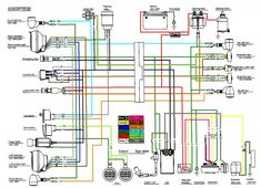 the wiring diagram for a motorcycle with all kinds of parts and colors, including wires