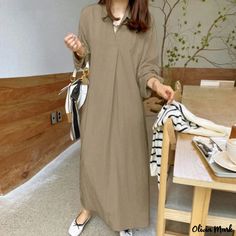 Olivia Mark - Solid Color Mandarin Collar Cotton Linen Long Sleeve Minimalist Loose Casual Maxi Dress V Neck Long Sleeve Dress, Vestidos Retro, Linen Fashion, Long Sleeve Casual Dress, Long Dress Casual, Elegant Dresses Long, Khaki Dress, Patchwork Dress, Maxi Dress Green