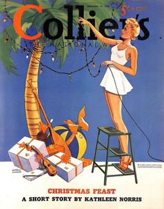 an advertisement for collie's christmas feast, with a woman on a stool and presents under a palm tree