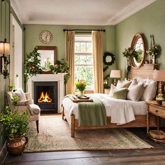 a bedroom with green walls and white bedding has a fire place in the fireplace