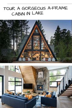 a frame cabin in the woods with stairs leading up to it and an open floor plan