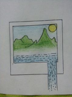 a drawing of a mountain with a river running through it and the sun in the distance