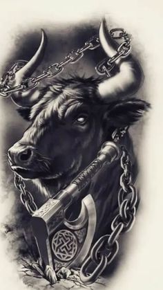 a bull with horns and chains around its neck is shown in black and white ink