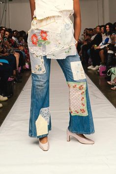 Handkerchief patchwork flare jeans As shown in Chloe Likes Pink's S/S 2025 NYFW Collection 32" waist Runway model measurements: Hips: 39" Waist: 30" Height: 5'7" (not including height of heels) Model 2 measurements: Hips: 33" Waist: 26" Height: 5'8" Fitted Wide Leg Patchwork Jeans, Retro Patchwork Jeans For Spring, Spring Patchwork Straight Leg Jeans, Spring Patchwork Straight-leg Jeans, Spring Cotton Flare Jeans With Patchwork, Retro Wide Leg Patchwork Jeans, Fitted Patchwork Flare Jeans For Spring, Summer Patchwork Denim Flare Jeans, Spring Patchwork Flare Jeans