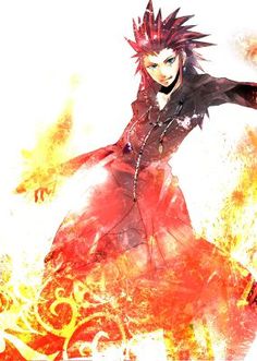 an anime character is dressed in red and black, with flames around her head as she runs through the air