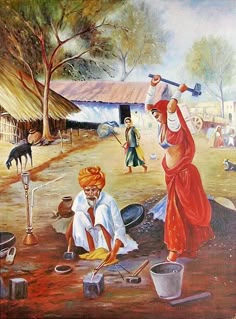 an oil painting of some people working in the dirt