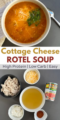 Rotel soup with cottage cheese and chicken and image of ingredients for soup Keto Dinners With Rotisserie Chicken, We Soup Recipes, Creamed Soups Bariatric, Soup Recipes Using Ground Chicken, Chicken Soup Meal Prep, Protein Packed Soups Healthy Recipes, Healthy Low Carb High Protein Soups, Rustic Soup Recipes, High Protein Bariatric Soup Recipes