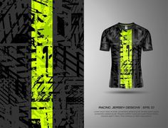 a black and yellow t - shirt with an abstract design on the front, back and sides