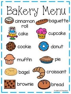 a blue and white poster with different types of bakery items on it's side