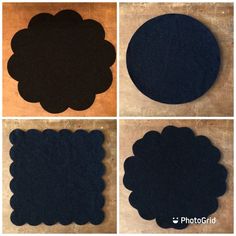 four pictures of different shapes and sizes of black felt circles on a wooden table top