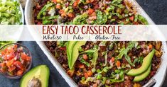 an easy taco casserole with avocado and salsa