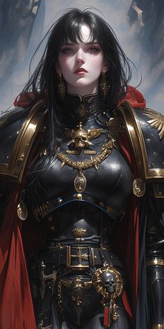 a woman dressed in black and gold armor