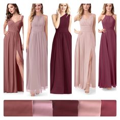 four different colors of bridesmaid dresses with one side slited and the other side split