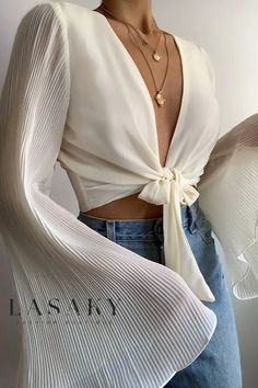 Lasaky - Elegant Solid-Colored Blouse with Chic Bell Sleeves and Pleated Chiffon Accents Pattern Dress Women, Ribbed Shirt, Flare Long Sleeve, Casual Tie, Pleated Chiffon, Bell Sleeve Blouse, Party Tops, Chiffon Shirt, Crop Blouse