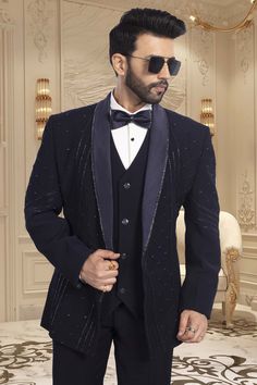 Get ready to wow in this TUXEDO-R14-S62! With stunning cutdana embroidery, this suit will have you standing out from the crowd. A true showstopper Get ready for all eyes to be on you! Cutdana Embroidery, Standing Out From The Crowd, Embroidery Work, All About Eyes, 3 Piece, Embroidery, Navy