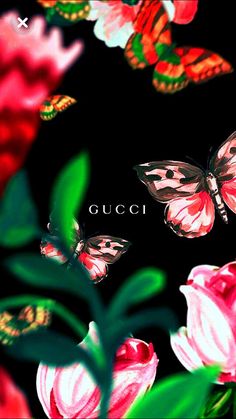 two butterflies flying over pink flowers with the word gucci written on it's side