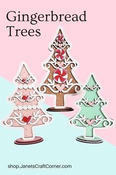 three paper christmas trees with bows on them and the words gingerbread trees written below