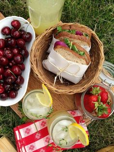 a collage of photos with cherries, strawberries, lemonade and cake