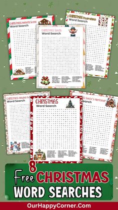 four christmas word search sheets with the words, free christmas word searchs on them