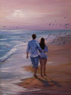 a painting of two people walking on the beach with seagulls in the background