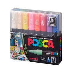 the box contains six different colors of posca pens in each one, including pink, yellow, green, blue, and red