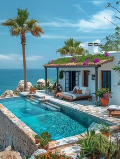 a house with a pool in front of it and some plants on the outside wall