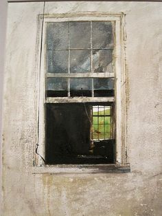 an image of a window on the side of a building that has been painted white