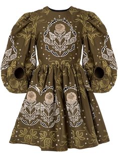 khaki cotton blend stretch-design rear zip fastening all-over floral print embroidered design long puff sleeves flared hem thigh-length Edgy Glam, Floral Embroidery Dress, Upscale Fashion, Casual Glam, Mini Dress Fashion, Wardrobe Edit, Dolce E Gabbana, San Sebastian, Clothes Crafts