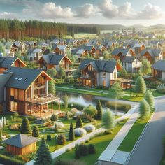 an artist's rendering of a residential area with lots of trees and houses in the background