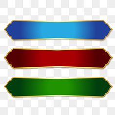 three different colored ribbons with gold edges on a white background, transparent and png