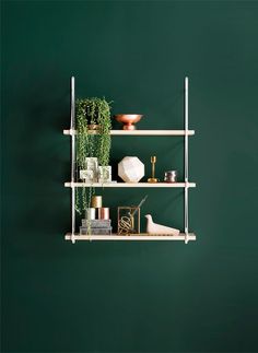 three shelves with plants and other items on them against a green wall in a living room