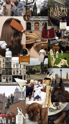 a collage of photos with people, buildings and dogs in the middle one has a woman's head