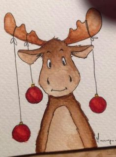 a drawing of a moose with ornaments hanging from it's antlers and nose