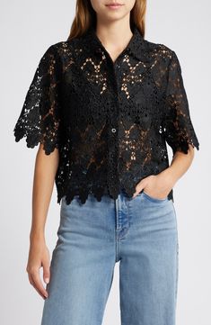 A romantic take on the classic button-up, this cropped, boxy one is crafted from sheer, ornate lace with a scalloped hem. 21" length (size medium) Front button closure Spread collar Three-quarter sleeves Sheer; base layer shown not included 100% polyester Dry clean Imported Puff Sleeve Shirt, Short Sleeve Shirt Women, Lace Button, Lace Short, Contemporary Fashion, Sheer Lace, Long Sleeve Lace, Autumn Winter Fashion, Lace Shorts