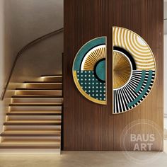 an art deco design on the side of a wooden wall next to a stair case