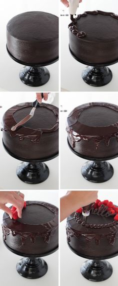 the process of decorating a chocolate cake