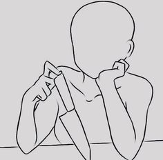 a drawing of a person sitting at a table with their hand on his chin and looking down