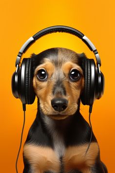 A photography of a teckel dog wearing black headphones posing in an orange background. Love For Music, Dj Headphones, Classic Image, Dog Photography, Stay Connected