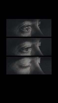 three black and white images of an eye with one person's face in the middle