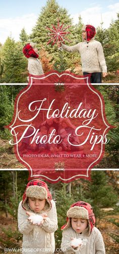 two children wearing hats and scarves with the words holiday photo tips in red above them