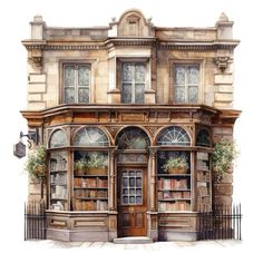 a watercolor painting of a building with bookshelves on the front and windows