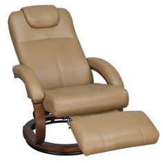 the reclining chair and ottoman is shown in tan leather with wood trimmings