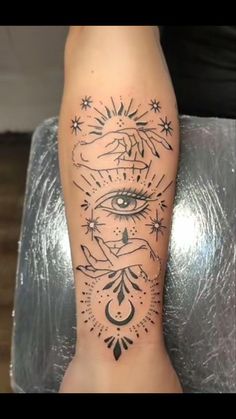 a woman's leg with an all seeing eye tattoo on it