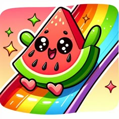 a cartoon watermelon with hearts and stars on it's head is flying through the air